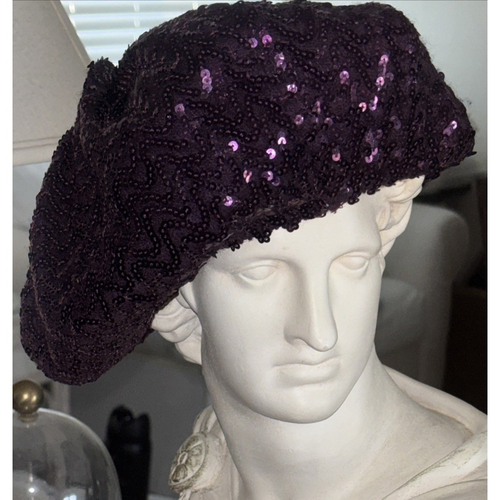 Shimmering Beret Hat Sequins Dark Purple 70's Style Mossimo Stretchy Cap OS